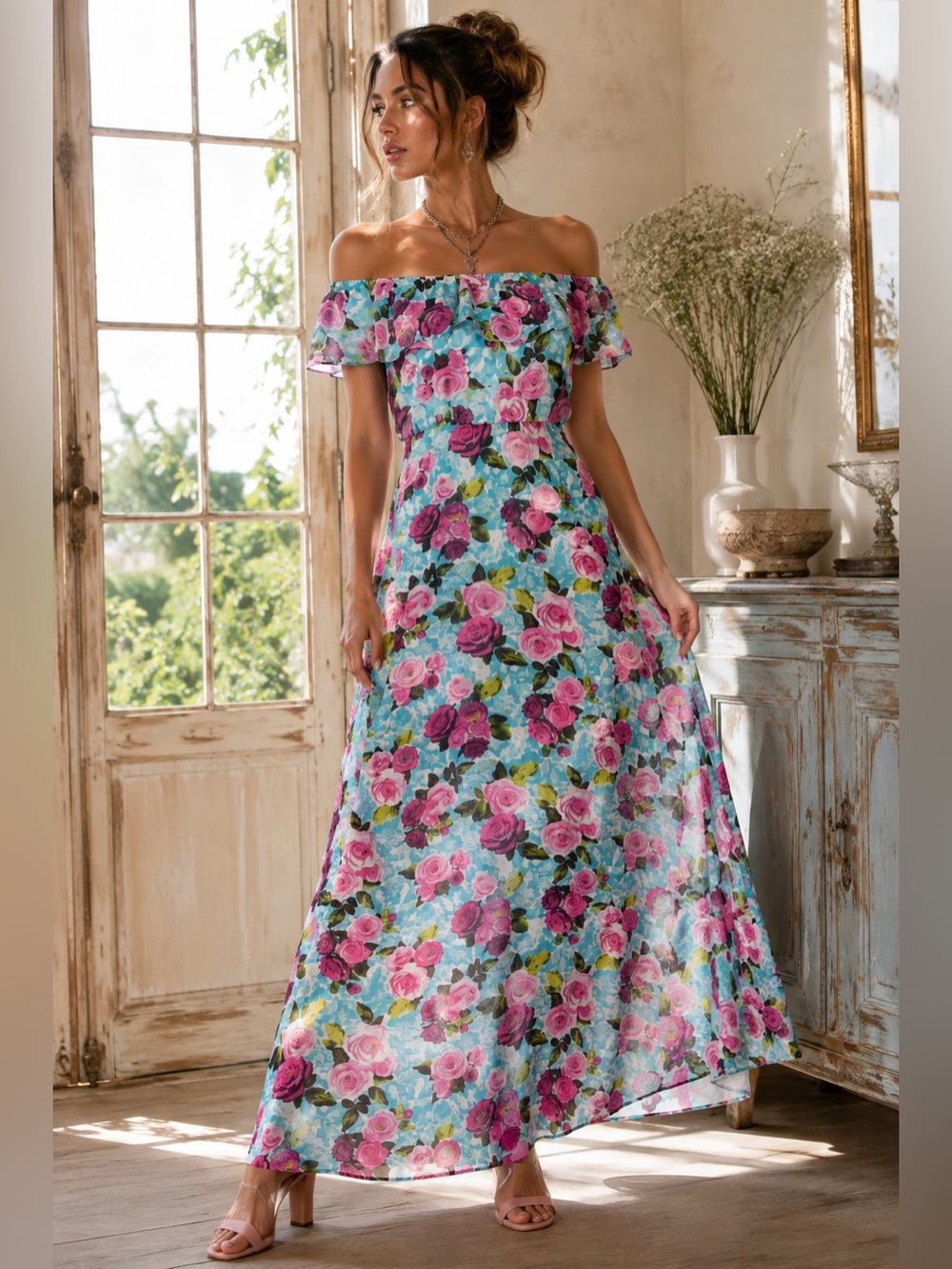Betsey Johnson Floral Maxi Dress Off Shoulder Blue Pink Roses Malibu